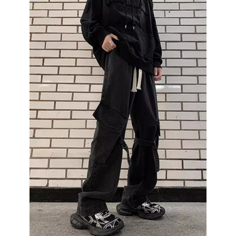 جينز كارجو متعدد الجيوب للرجال والنساء من الشارع الأمريكي، ربيع، خريف وصيف، بنطلونات كاجوال فضفاضة مستقيمة واسعة الساقين - Image 4